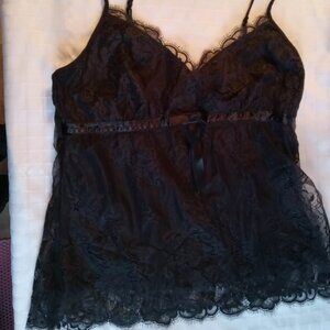 Beautiful black lace camisole with layered sides, small buckle, and adjustable